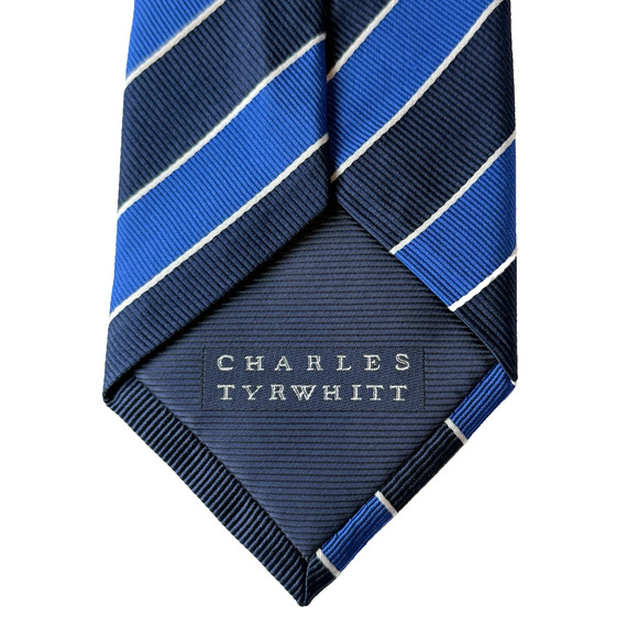 CHARLES TYRWHITT Men's 100% Silk Necktie Designer Blue & White Striped EUC - Picture 7 of 9